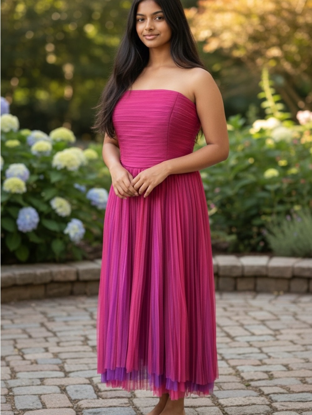 Chelsea28 Strapless Fuchsia-Purple Pleated Midi Dress